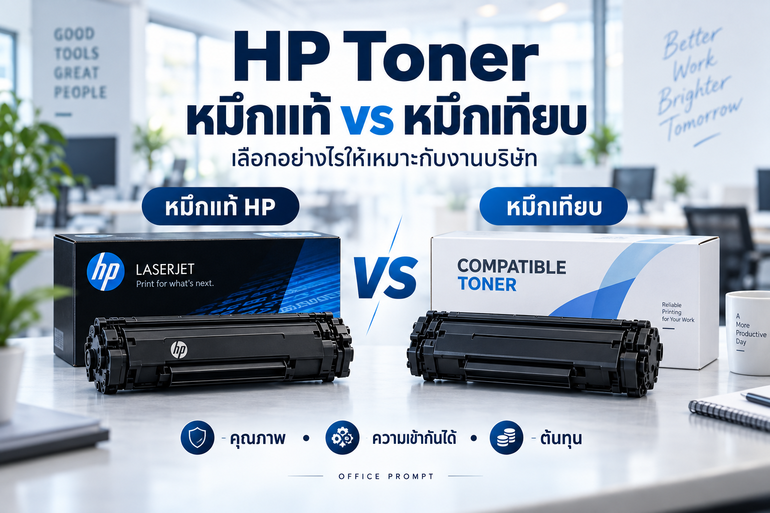 ภาพประกอบเปรียบเทียบหมึกแท้ HP กับหมึกเทียบ วางกล่องและตลับหมึกคู่กัน พร้อมหัวข้อคุณภาพ ความเข้ากันได้ และต้นทุน