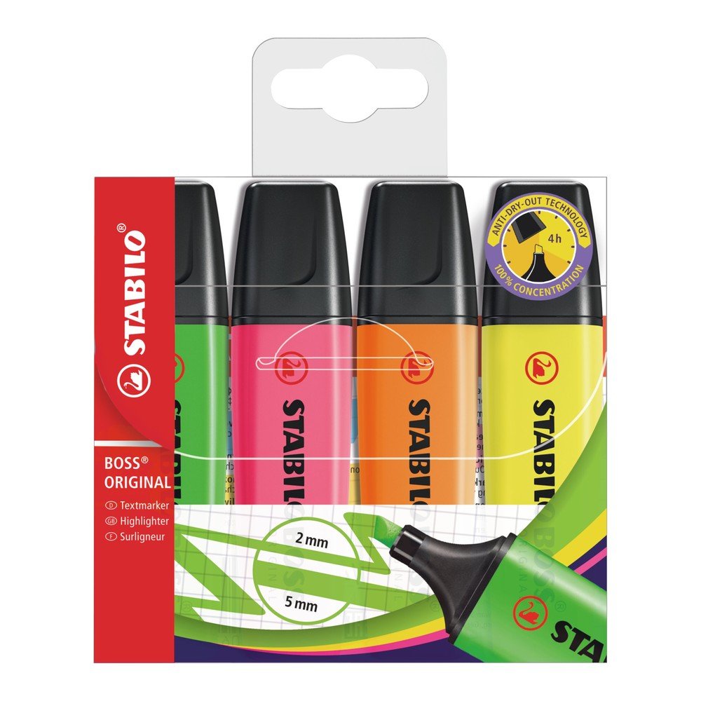 ปากกาเน้นข้อความ STABILO BOSS ORIGINAL แพ็ก 4 สี (เหลือง เขียว ส้ม ชมพู)