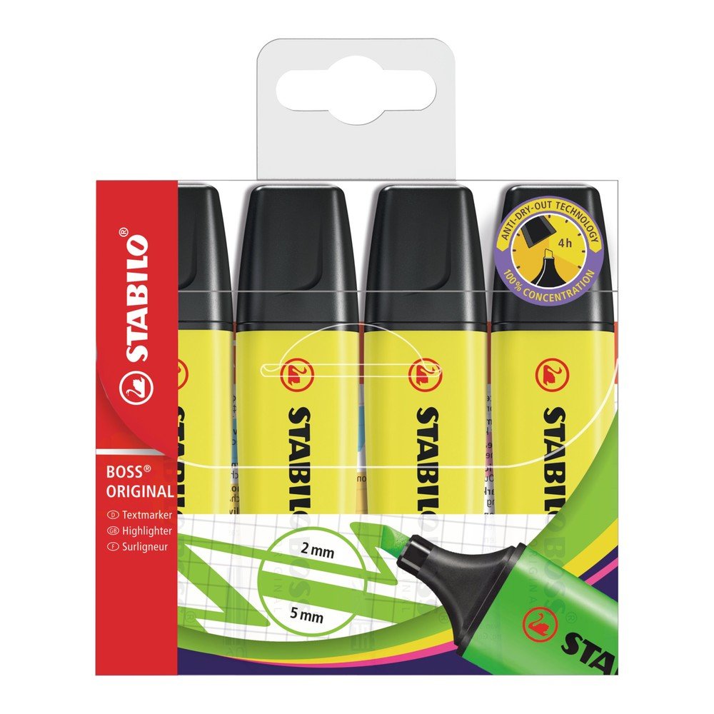 ปากกาเน้นข้อความ STABILO BOSS ORIGINAL สีเหลือง แพ็ก 4 ด้าม